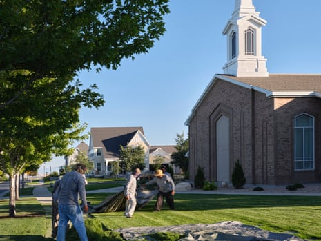 Mowing one of the ward houses in the master planned community of Daybreak, Utah.