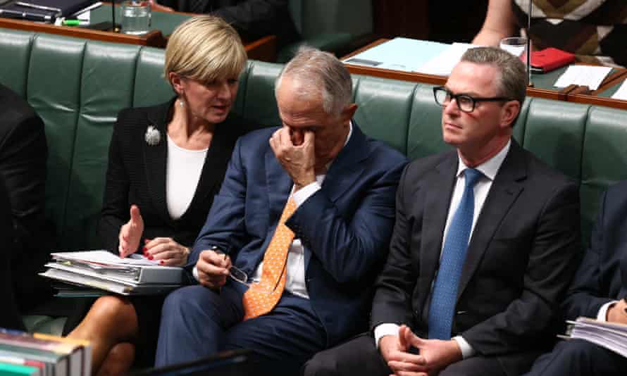The Prime Minister Malcolm Turnbull talks to Foreign Minister Julie Bishop and Minister for Innovation and Science Christopher Pyne during question time in the House of Representatives in Canberra this afternoon, Tuesday 19th April 2016.