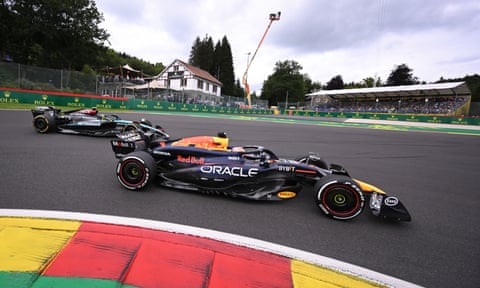 Max Verstappen leads George Russell during practice at Spa.