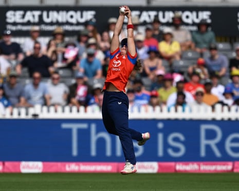 Dani Gibson of England catches Shafali Verma of India off the bowling of Lauren Bell.
