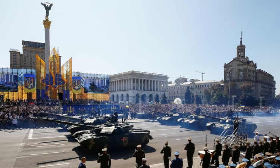 Tanks pass during a military parade marking Ukraine’s Independence Day in Kiev, Ukraine, on 24 August 2018.