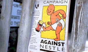 A boycott campaign poster against NestlÃ© baby milk products at the Hay festiva, 2002.