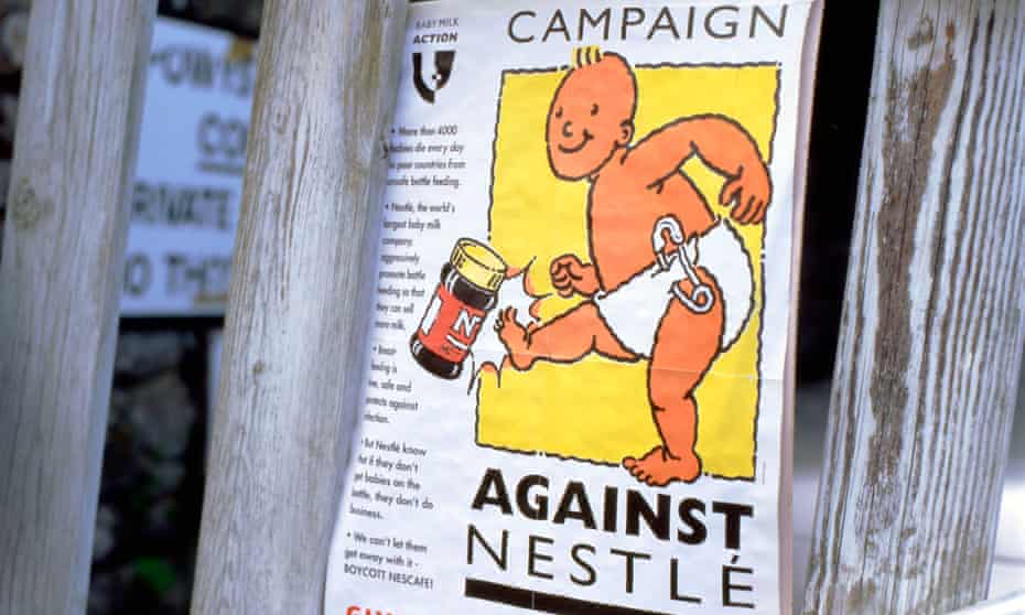A boycott campaign poster against Nestlé baby milk products at the Hay festiva, 2002.