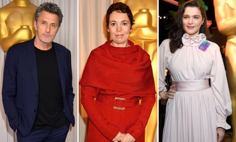 In the shadow of of the statue … Cold War director Paweł Pawlikowski and stars of The Favourite, Olivia Colman and Rachel Weisz.