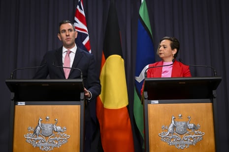 Australian treasurer Jim Chalmers and Australian communications minister Michelle Rowland speak to the media during a press conference at Parliament House in Canberra.