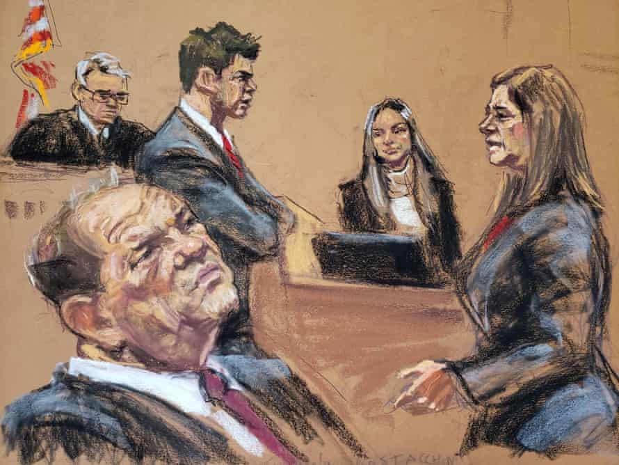 A witness testifies in a courtroom sketch at Harvey Weinstein’s trial in New York, New York, on 4 February.