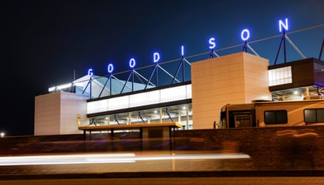 The illuminated letters on the top of the Park Stand shine out before the Premier League match between Everton and Liverpool at Goodison Park in February 2025.