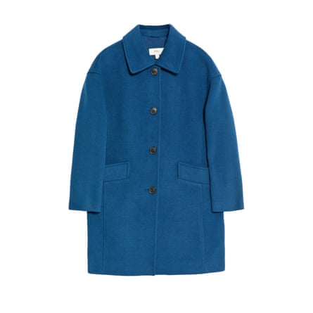 A blue twill single-breasted coat with black buttons on a white background