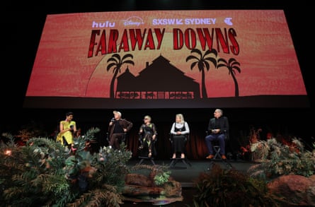 Luhrmann, second from left, speaks at SXSW Sydney, alongside costume designer Catherine Martin, director of photography Mandy Walker and Indigenous liaison Steven McGregor