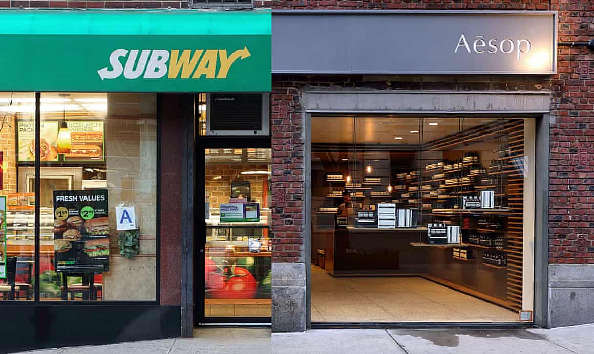 The distinctive scents of Subway and Aesop waft into the streets.