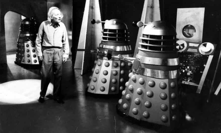 William Hartnell as the original incarnation of Doctor Who with the first Daleks seen in the BBC series, in 1963. Michael Ferguson, then Deputy Floor Manager, waved the first arm of