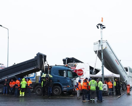 Protesters take part in a blockade at a fuel depot in Foynes, County Limerick, on Friday.