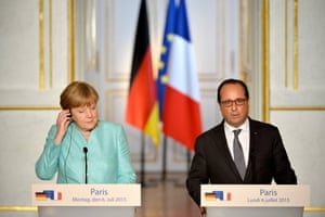 German Chancellor Angela Merkel makes a statement with French President Francois Hollande during a press conference after their meeting at the Elysee Palace on July 06, 2015 in Paris, France. Angela Merkel met Francois Hollande to discuss Greece’s situation in the European Union in a post-referendum environment.