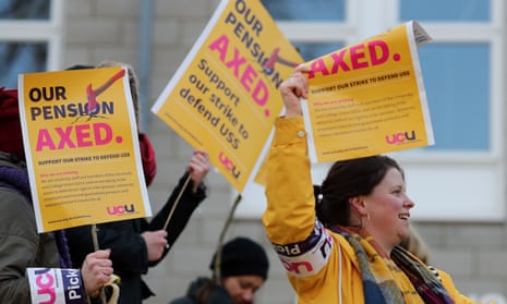 Members of the University and College Union (UCU) on strike outside the University of Kent campus in Canterbury.
