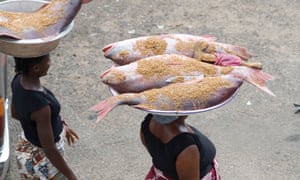 Liberian women carry fish on their head.