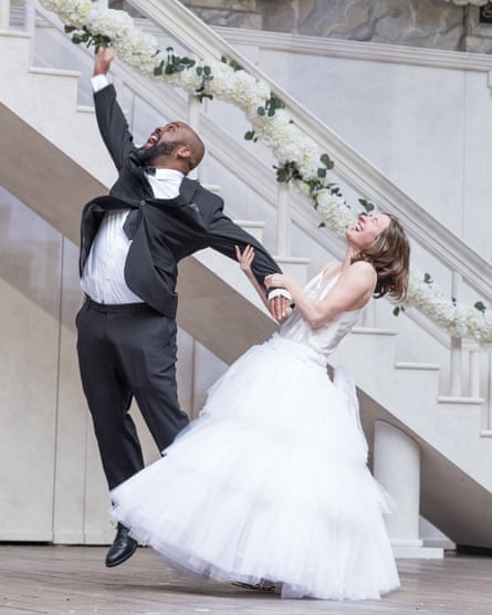 Ken Nwosu as Benedick and Pippa Nixon as Beatrice in Much Ado About Nothing at Shakespeare's Globe.