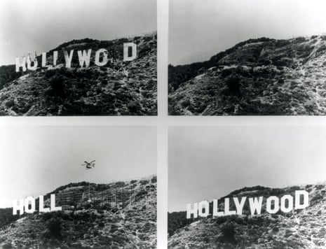 four black and white photos show the hill with some of the Hollywood letters