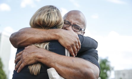 Willard O’Neal hugs Tiffany Gobble, an investigator with the Innocence Project, after his release from prison. Testing on evidence from the crime scene failed to find his DNA.
