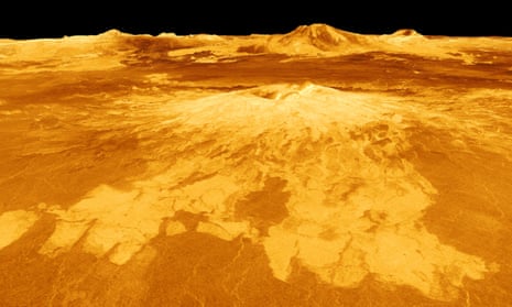 Computer-generated view of surface of Venus dominated by the volcano Sapas Mons
