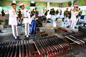 Members of the presidential guard prepare for the arrival of Pope Francis in Naypyidaw