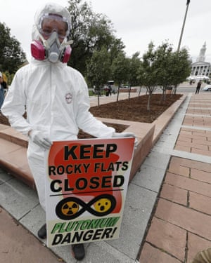 Aaron Weiner attends a rally in 2017 near the state capitol in Denver, to protest plans to build public trails and a visitors center at Rocky Flats National Wildlife Refuge west of Denver, the site of a former nuclear weapons plant.