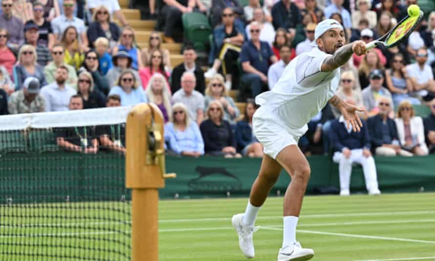 Kyrgios sends ‘reminder to put you in your place’ after setting up Tsitsipas tie | Wimbledon 2022 2 Nick Kyrgios returns the ball during his win