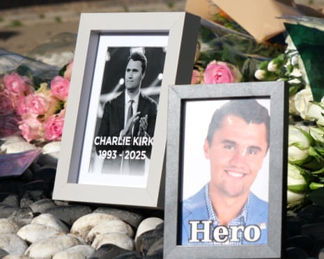 a framed photo of of a man reads 'Charlie Kirk 1993-2025'