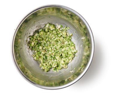 01a Felicity Cloake’s Taiwanese scallion or spring onion pancake 4 – paste. Heat the oil for the paste until it’s shimmering, then pour this on to the onions and stir to make a loose paste (if need be, add more oil or flour to get the mix to this consistency).