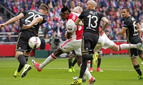 Ajax’s Bertrand Traoré scores their first goal against Lyon in the Europa league semi-final first leg. 