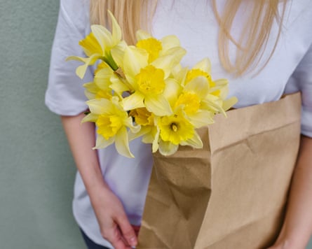 Yellow daffodils in a craft bag in the hands of a girl. The florist put together a bouquet. Beautiful spring flowers. Gift for Easter holiday. Fresh flowers for mood