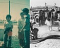 side by side images of a woman in a patterned shirt and women operating a hose