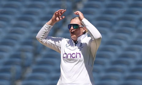 Sophie Ecclestone reacts after a chance goes begging off her bowling against Australia