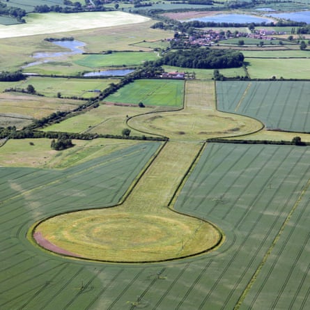 An aerial view of the Thornborough Henges.