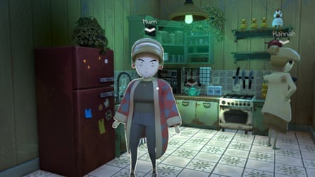 A video game screenshot shows two characters standing in a kitchen that has seen better days. Mum faces the camera. Hannah faces away.