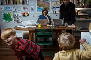 Brunswick parent Lucy Morrison struggles to juggle working from home amid the chaos of home schooling her two sons, Atlas, 5, and Raphael, 3.