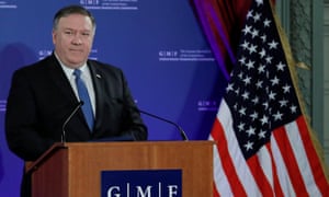 Mike Pompeo speaks at a conference in Brussels.