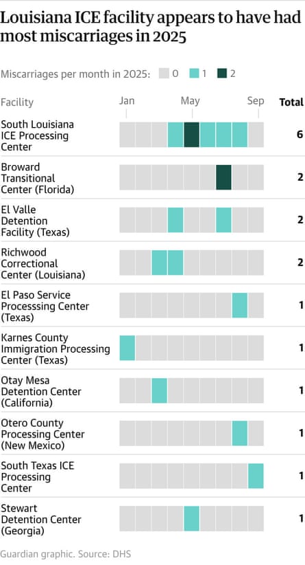 Chart showing the number of recorded miscarriages at five ICE detention/processing centers. Guardian Design