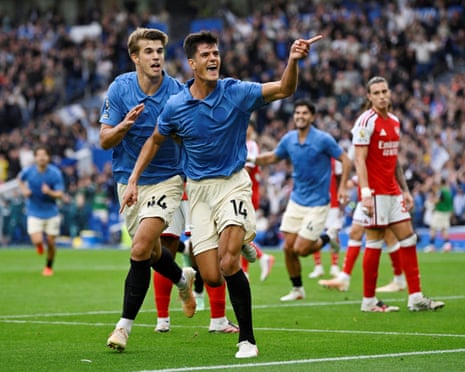 Brighton's Chema Andrés celebrates scoring a goal alongside teammate Luka Vuskovic