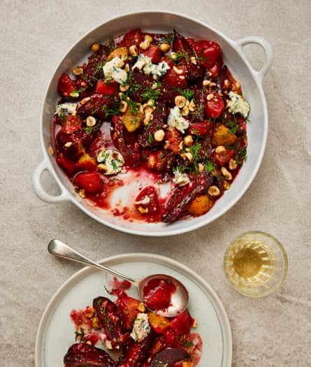 Yotam Ottolenghi’s roast beetroot with plum dressing and blue cheese.