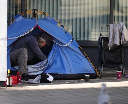 A homeless man in a tent in the centre of Liverpool, 1 April 2025.