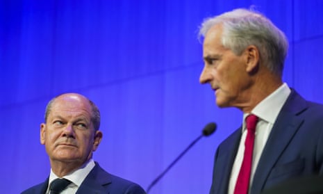 German Chancellor Olaf Scholz and Prime Minister Jonas Gahr Støre during a press conference at Munch in Oslo on Monday, Aug. 15, 2022. (Håkon Mosvold Larsen/NTB Scanpix via AP)