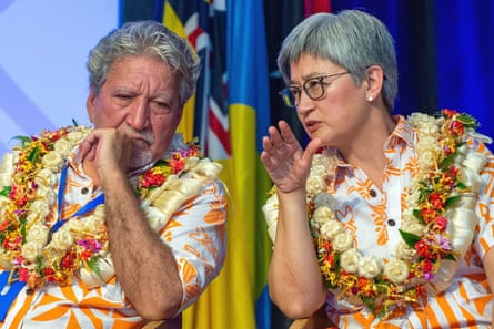 Australia’s minister of foreign affairs, Penny Wong, (right) and vice president of French Polynesia Jean-Christophe Bouissou at the Pacific Islands Forum special leaders retreat in February.