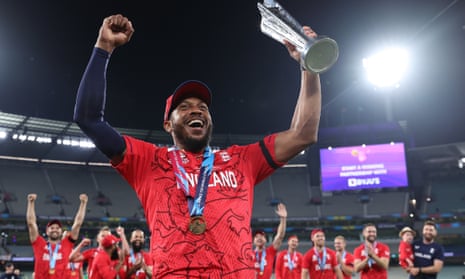Chris Jordan celebrates England’s victory over Pakistan in the T20 World Cup final in November 2022.