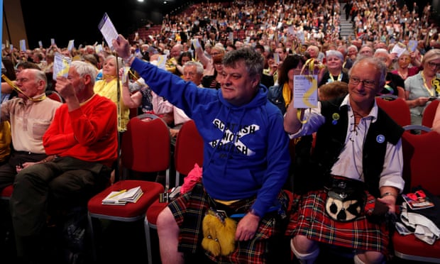 Delegates vote at the Scottish National party conference in Aberdeen on 8 June.