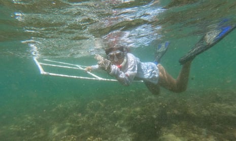 Fourteen-year-old Salim Vasquez monitors the reef, recording coral bleaching and counting fish species.