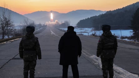 Kim Jong-un (centre) inspects a test launch of hypersonic missiles in Pyongyang in January.