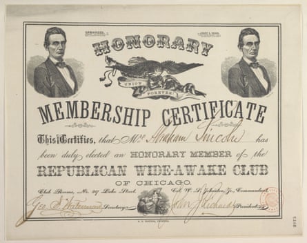 A membership certificate sent to Lincoln from Chicago in June 1860.
