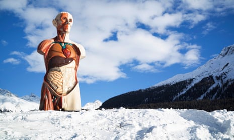 Up to his loins in crisp clean snow … Damien Hirst’s 21ft-tall Temple in St Moritz, Switzerland. 