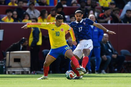 James Rodríguez of Colombia is challenged by Maxence Lacroix of France in Maryland in March