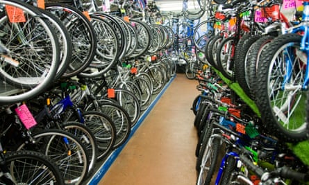 A bike shop in the UK with lines of bicycles